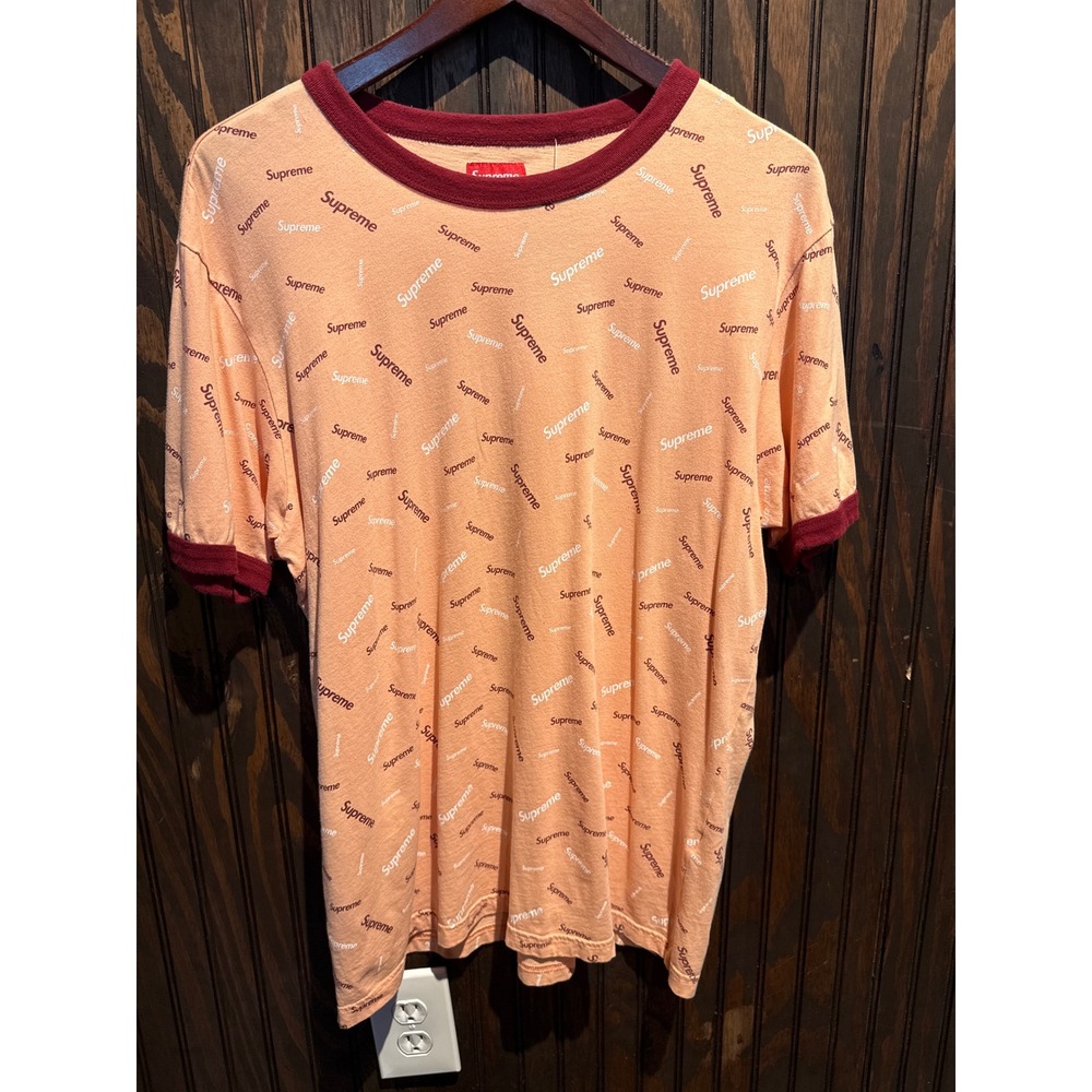 Supreme All Over Print Ringer T-Shirt Peach Burgundy Logo Crewneck Mens Large - Picture 1 of 2